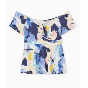 BLUE BRUSHSTROKE TIE FRONT OFF SHOULDER PEPLUM TOP
